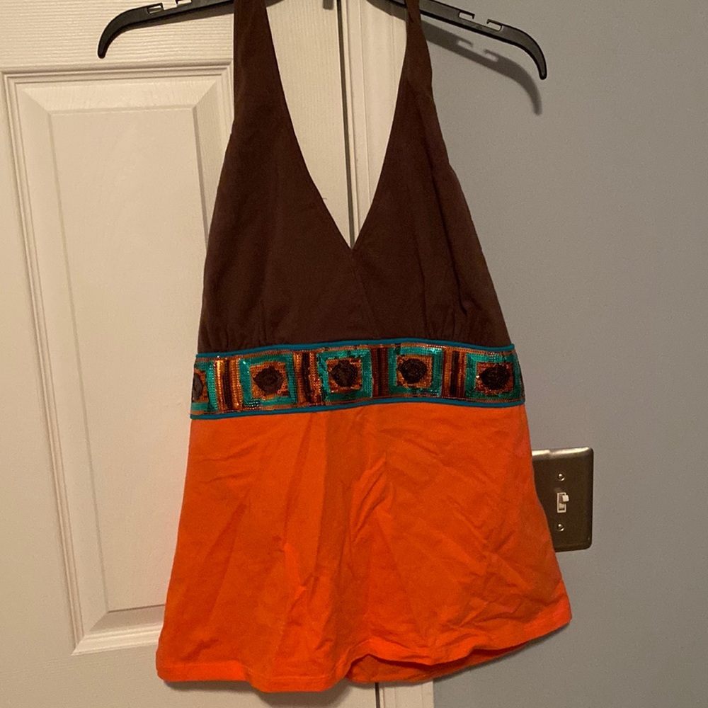 Orange and Brown Halter top.  Makes sun kissed shoulders stand out! XL